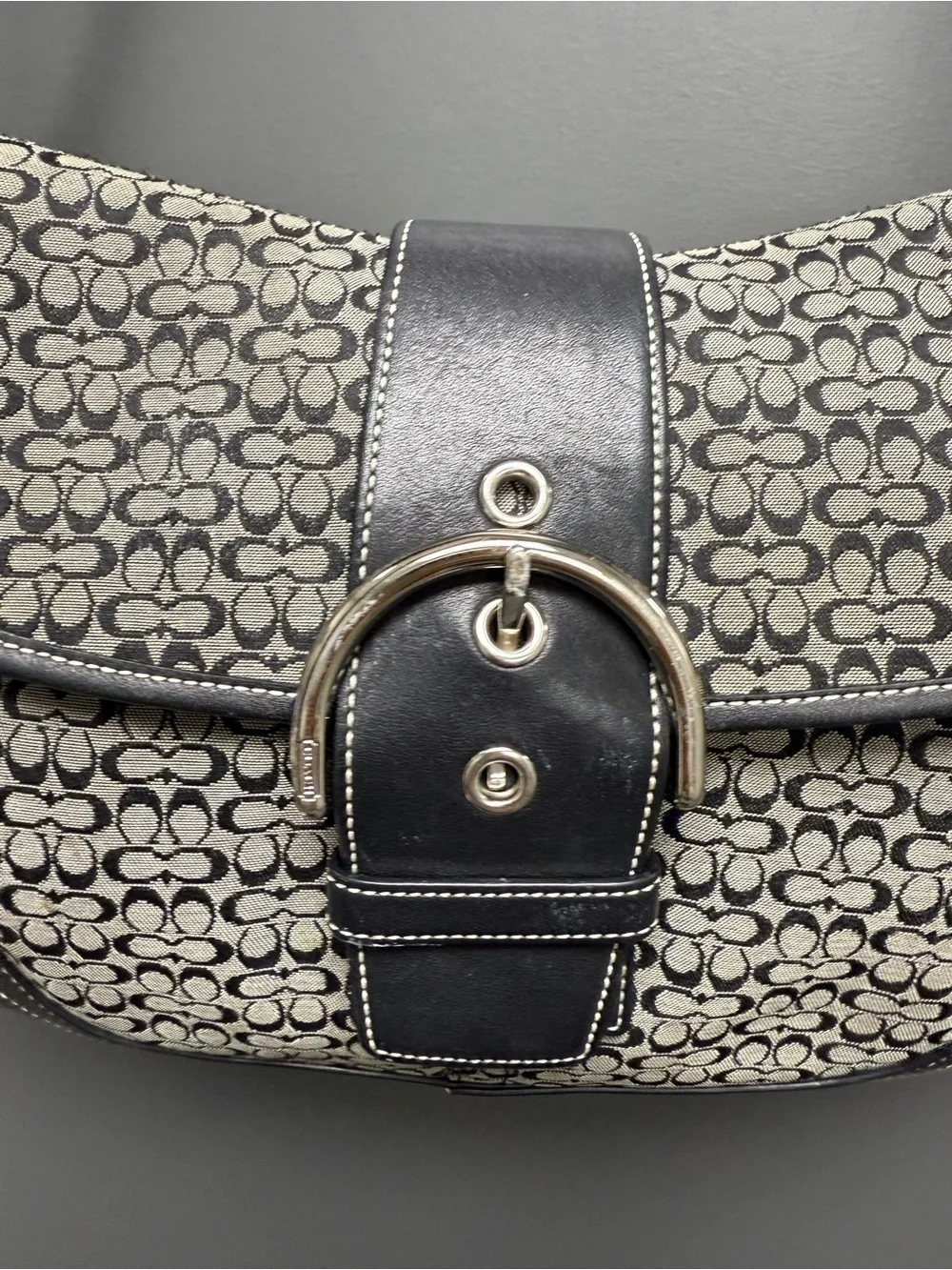 Coach Black and Gray Mini C Signature SoHo Buckle Flap Hobo-EUC